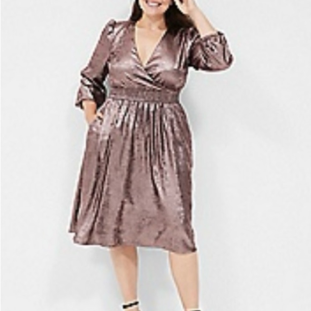 Lane BryantBlouson-Sleeve Surplice Metallic Midi Dress Shimmering Metallic Dress